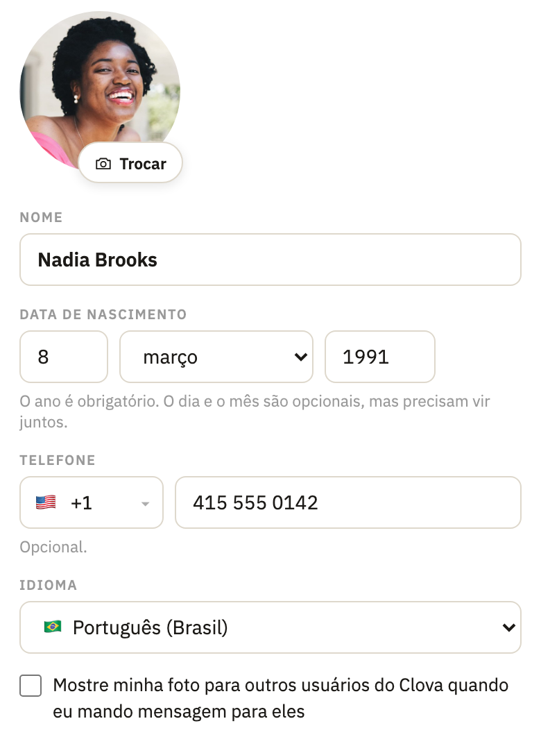 O perfil, com Idioma destacado
