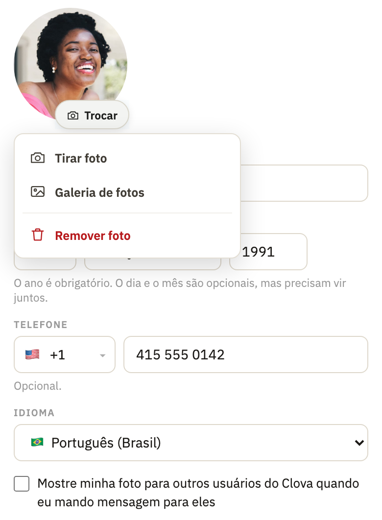 O menu da foto, com Tirar foto, Escolher arquivo e Remover foto