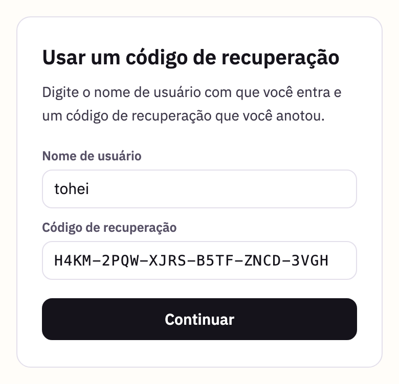 Usar um código de recuperação, com um nome de usuário e um código digitados, e o botão Continuar