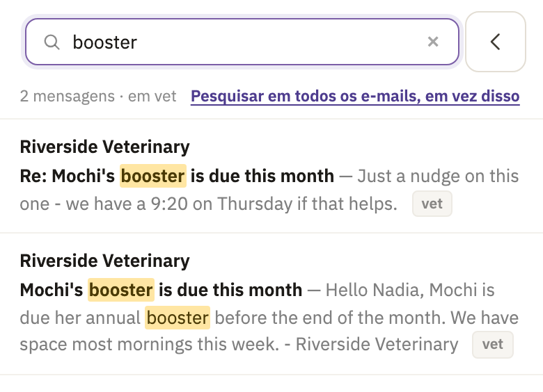 Resultados para booster na caixa vet, com Pesquisar em todos os e-mails, em vez disso, acima deles