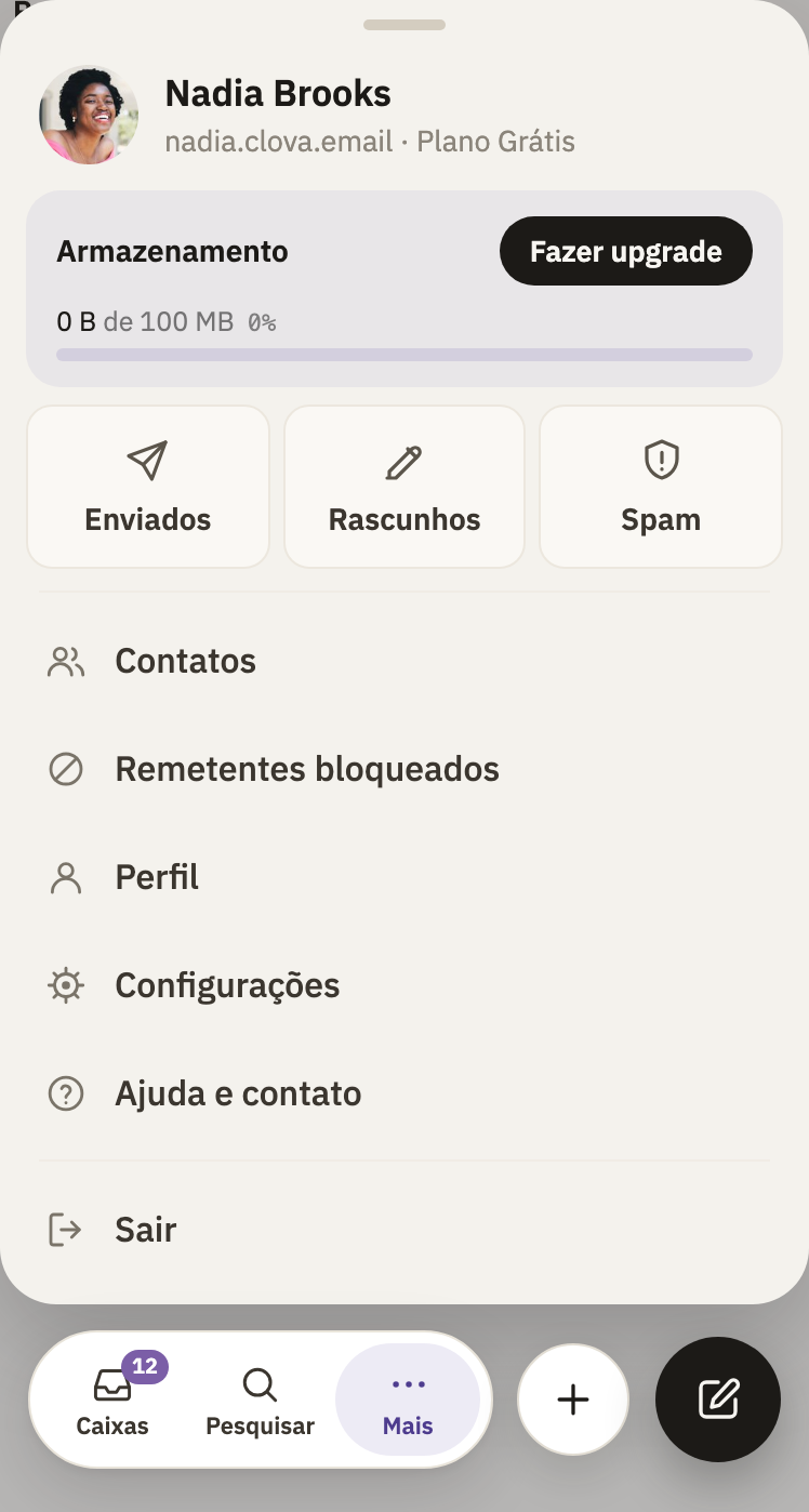 O menu da conta, com Spam ao lado de Enviados e Rascunhos