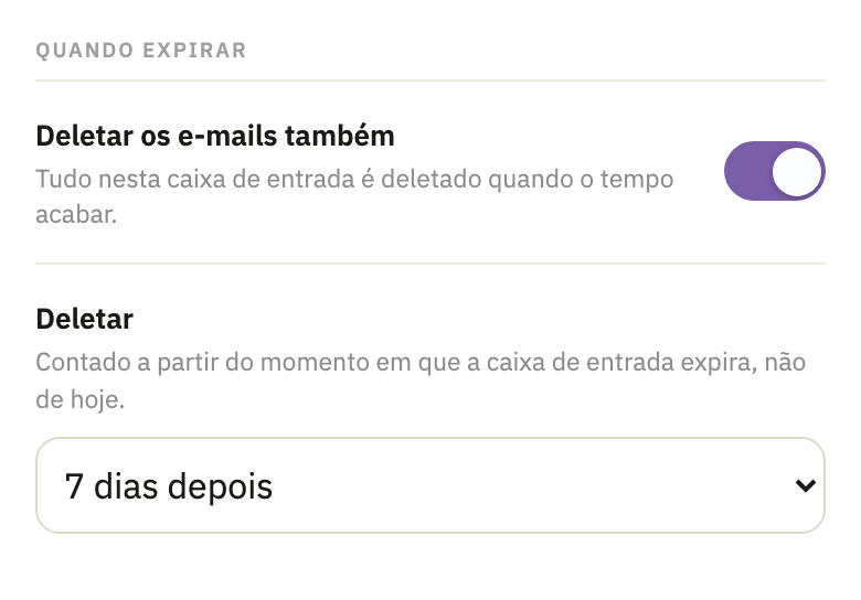 Quando expirar, com Deletar os e-mails também ligado e Deletar em 7 dias depois