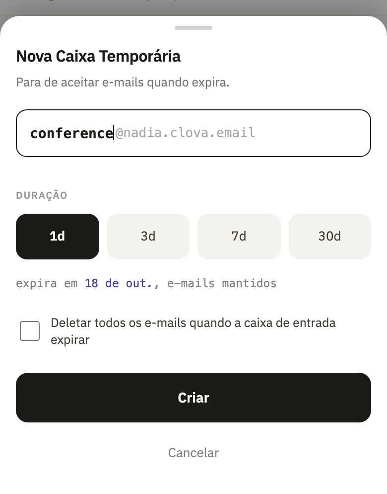 Nova Caixa Temporária, com quanto tempo ela dura e Deletar todos os e-mails quando a caixa de entrada expirar
