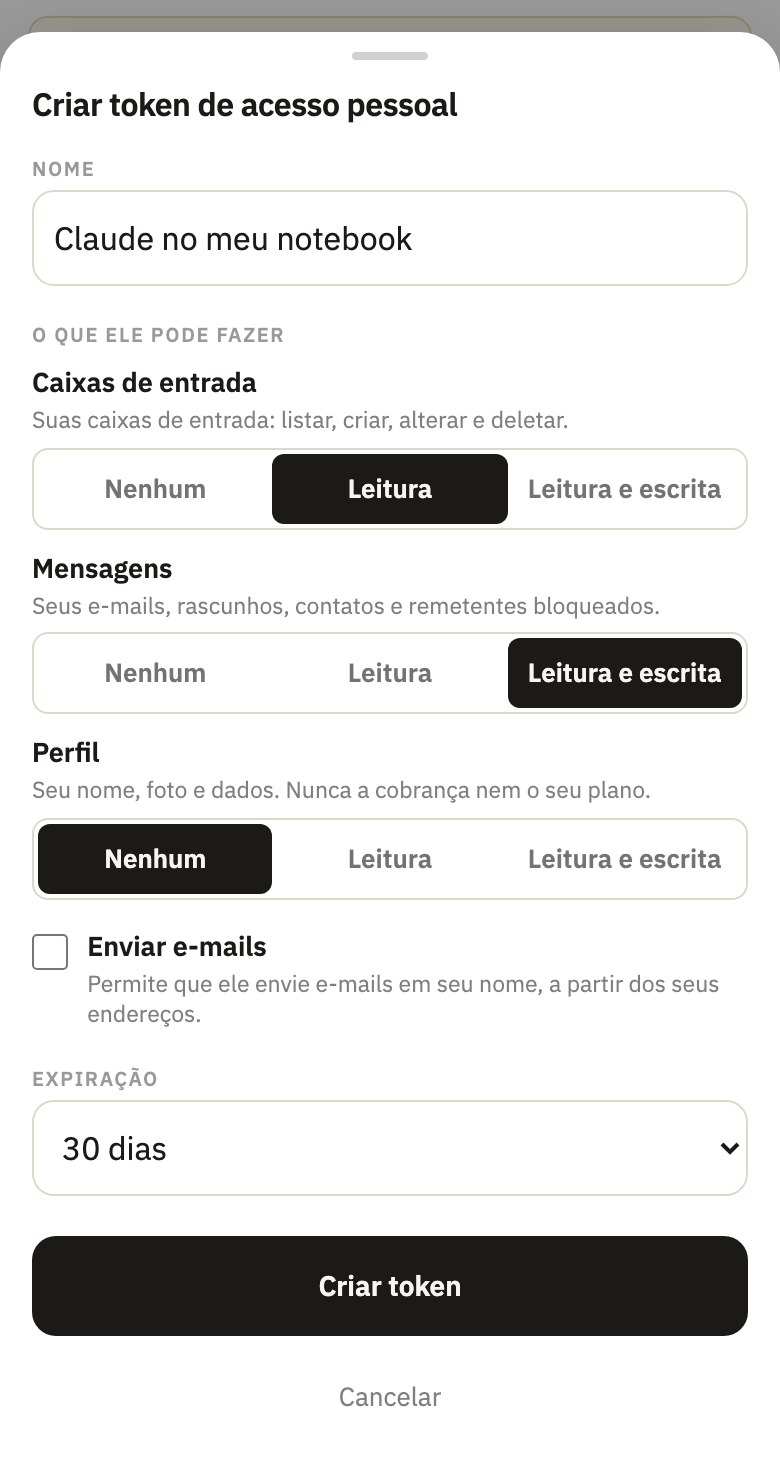 Criar token de acesso pessoal, com um nome, Caixas de entrada em Leitura e Mensagens em Leitura e escrita