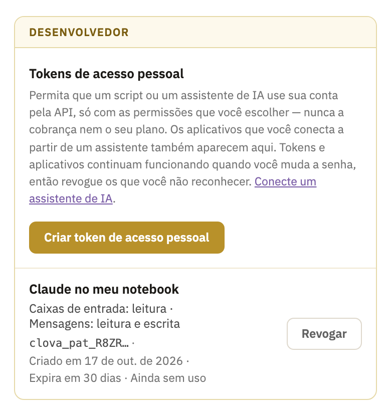 A caixa Desenvolvedor, com um token e o botão Revogar
